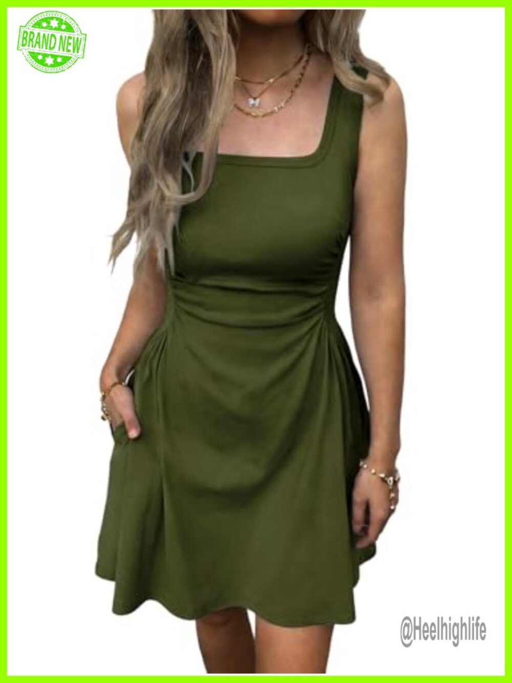 Women's Sleeveless Square Neck Ruched Waist Mini Dress with Pockets Cotton